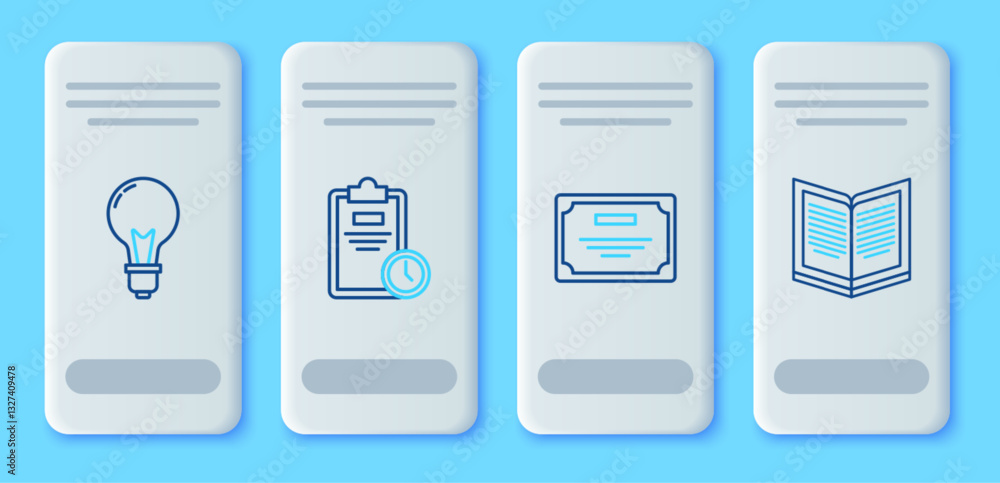 Poster set line exam sheet with clock, certificate template, light bulb concept of idea and open book icon.
