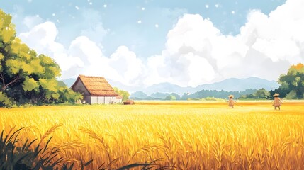 The Harvest Scene of Autumn Rice Fields