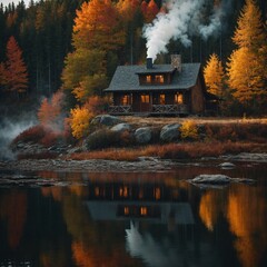 A cozy autumn cabin by a lake, with smoke rising from the chimney and the forest glowing in fall colors.