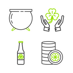 Set line Gold coin with four leaf clover, Beer bottle, Human hands holding and Witch cauldron icon. Vector