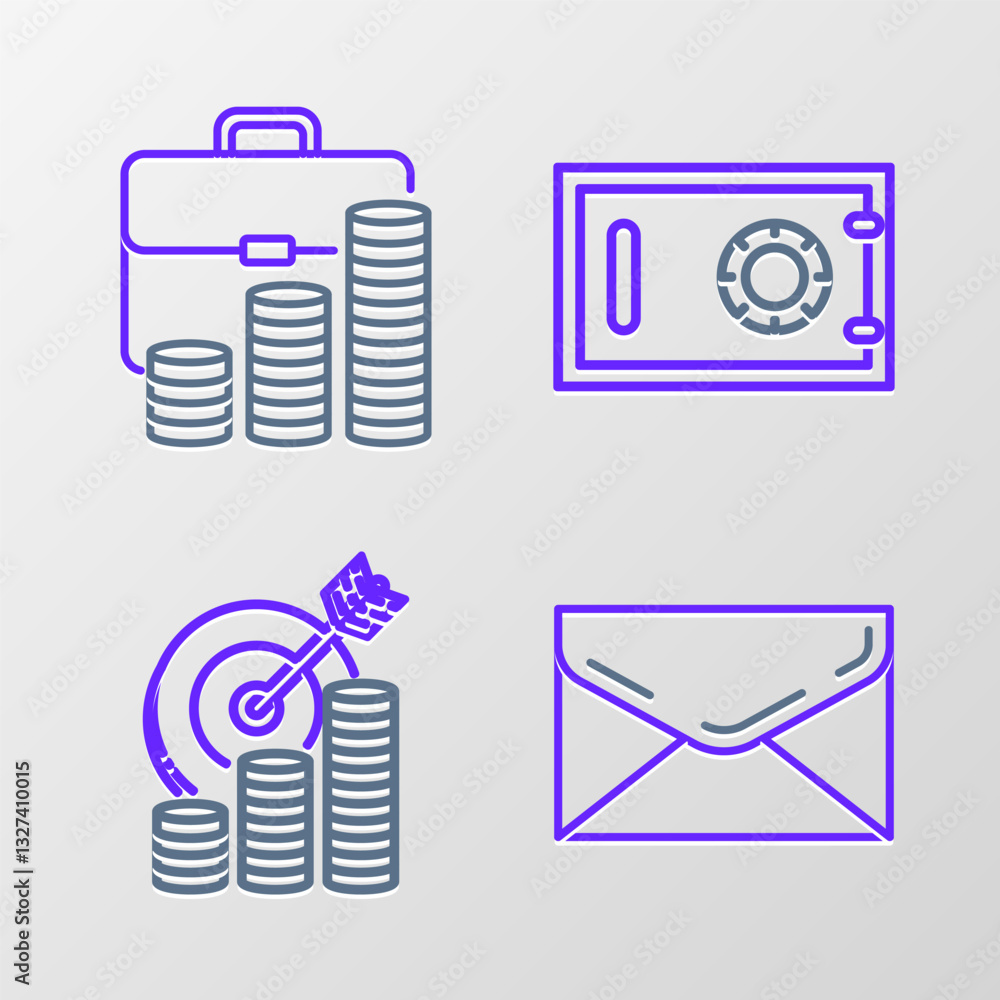 Aufkleber set line envelope, target with coin symbol, safe and briefcase and icon. vector