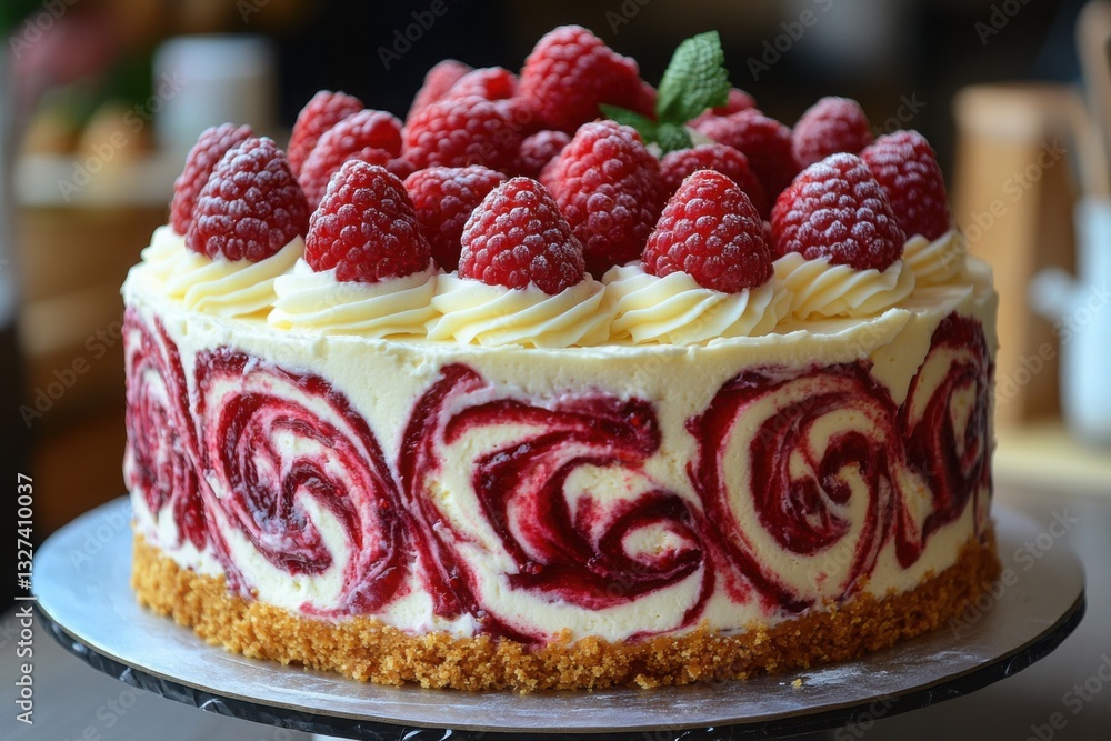 Poster delicious raspberry swirl cheesecake with a graham cracker crust light and fruity