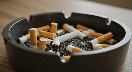 Overfilled Ashtray with Cigarette Butts on a Wooden Surface Indoors