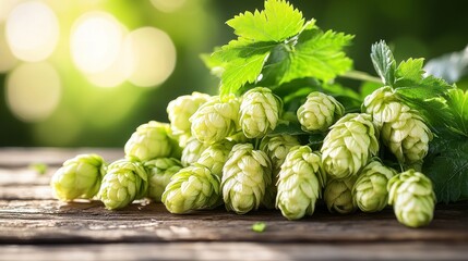 Fototapeta premium Fresh green hops cones and leaves on wood