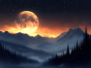 Moon Over Mountains, Forest, Starry Sky, Nighttime Scene