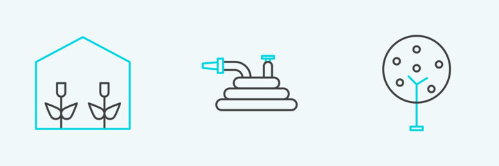 Set line Tree, Home greenhouse and plants and Garden hose or fire hose icon. Vector