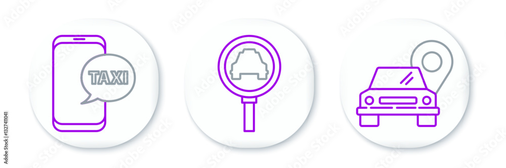 Poster set line map pointer with taxi, taxi call telephone service and magnifying glass and car icon. vecto
