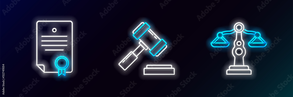 Poster set line scales of justice, certificate template and judge gavel icon. glowing neon. vector