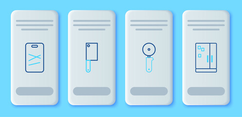 Set line Meat chopper, Pizza knife, Cutting board and Refrigerator icon. Vector