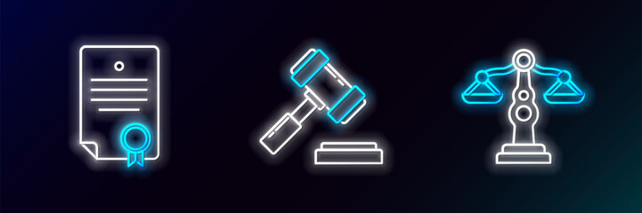 Set line Scales of justice, Certificate template and Judge gavel icon. Glowing neon. Vector