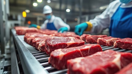 Workers in gloves and masks overseeing the smooth transportation of fresh steaks on an industrial conveyor system.