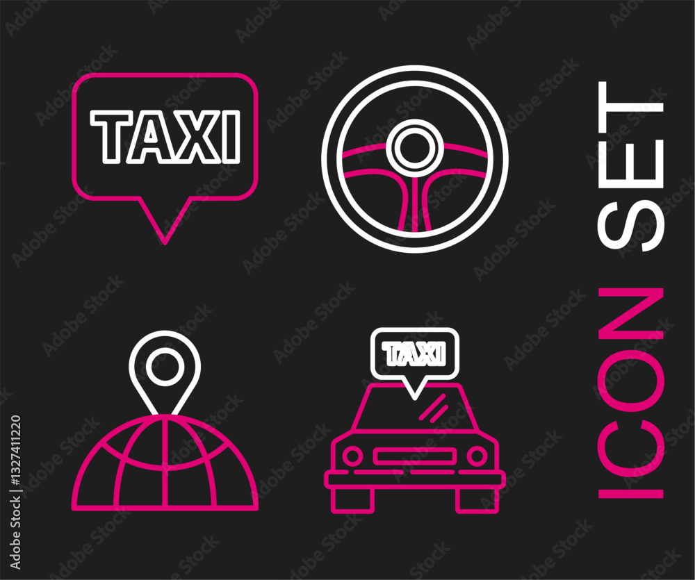 Poster set line taxi car, location on the globe, steering wheel and map pointer with taxi icon. vector