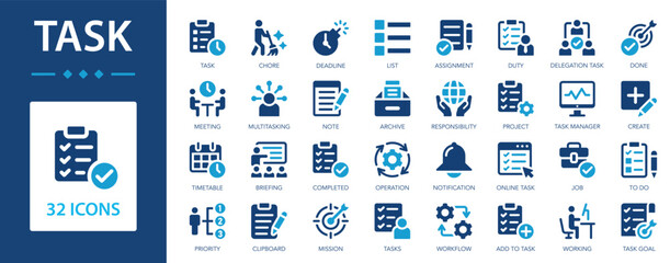 Task flat icons collection. Chore, project, assignment, deadline, list, assingment, done, clipboard, multitasking, creative sign set.