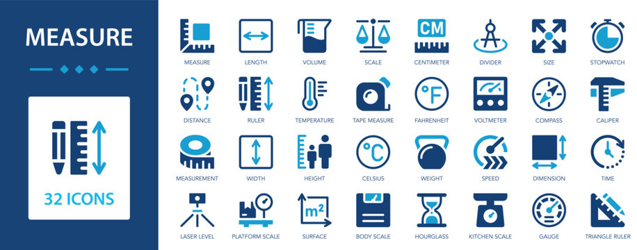 Measure flat icons collection. Length, ruler, temperature, dimension, time, speed, gauge, distance, measurement sign set.