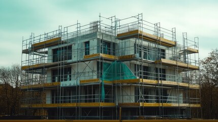 A partially built minimalist house with modern windows, scaffolding, and ongoing architectural design.