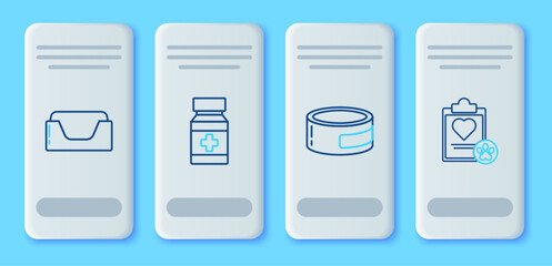 Set line Dog medicine bottle and pills, Canned food, Pet bed and Clipboard with medical clinical record pet icon. Vector