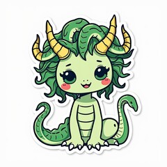 Fototapeta premium A cute green cartoon dragon with a funny and happy expression