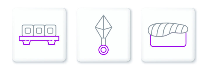 Set line Sushi, on cutting board and Japanese ninja shuriken icon. Vector