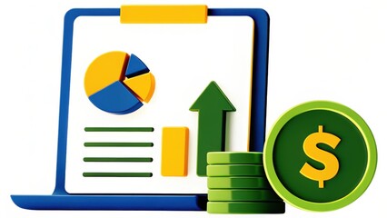 Financial Growth 3D Illustration Upward Trend Chart, Coins and Dollar Sign