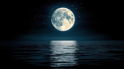 Full moon over tranquil ocean at night, stars twinkling