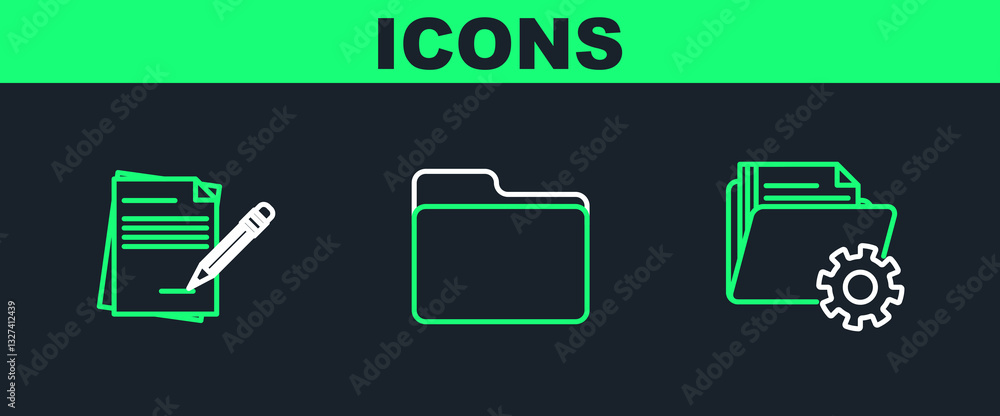 Poster set line folder settings with gears, blank notebook and pencil eraser and document folder icon. vect