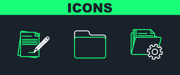 Set line Folder settings with gears, Blank notebook and pencil eraser and Document folder icon. Vector