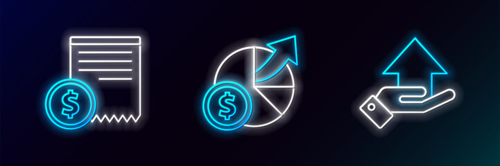 Set line Money on hand, Paper check financial check and diagram graph icon. Glowing neon. Vector
