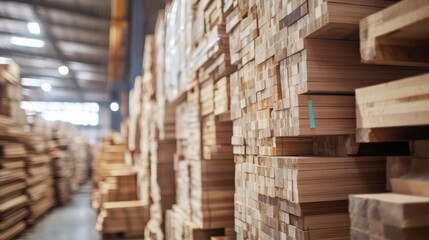 Obraz premium Stacked Lumber in a Warehouse: Close-Up of Wood Planks and Materials