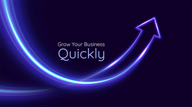 Neon arrow up with lights trails. Futuristic 3D style. Business, personal growth, quick result. Innovation technology and finance.