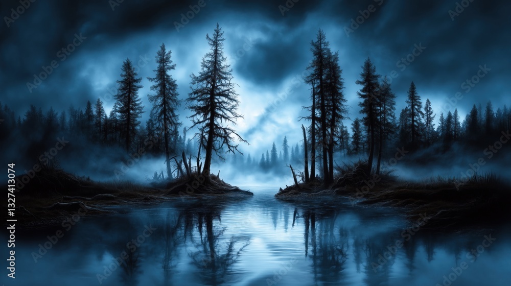 Aufkleber silhouetted trees stand along the edges of a tranquil river during twilight. atmosphere is enveloped
