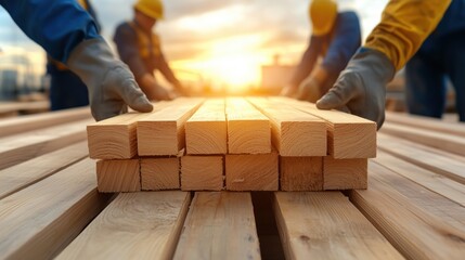 Skilled workers are organizing stacks of wooden planks at a construction site while the sun sets. warm light enhances the atmosphere of diligence and teamwork in the evening
