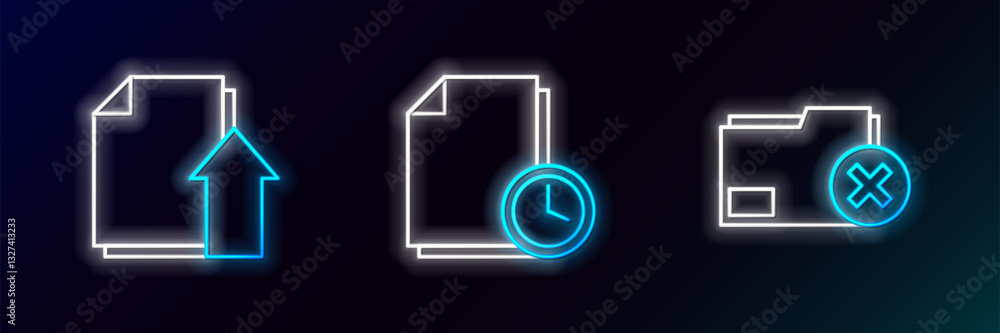 Poster set line delete folder, upload file document and document with clock icon. glowing neon. vector