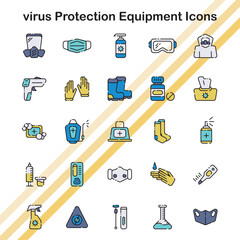 A collection of icons representing COVID-19 protection equipment.