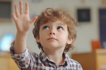 Kid raises arm in classroom nosy child asks during teaching schoolgirl focused ready to engage in education act young learner ready to grasp kid joyful active  
