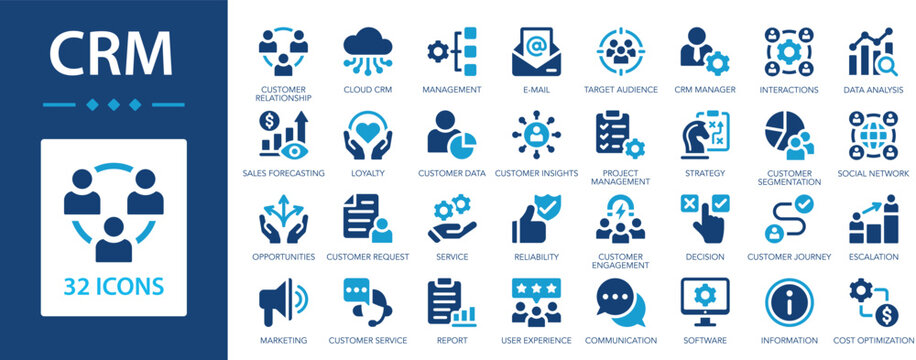 CRM flat icons collection. Customer relationship management. Management, data, manager, service, customer request, strategy, report sign set.