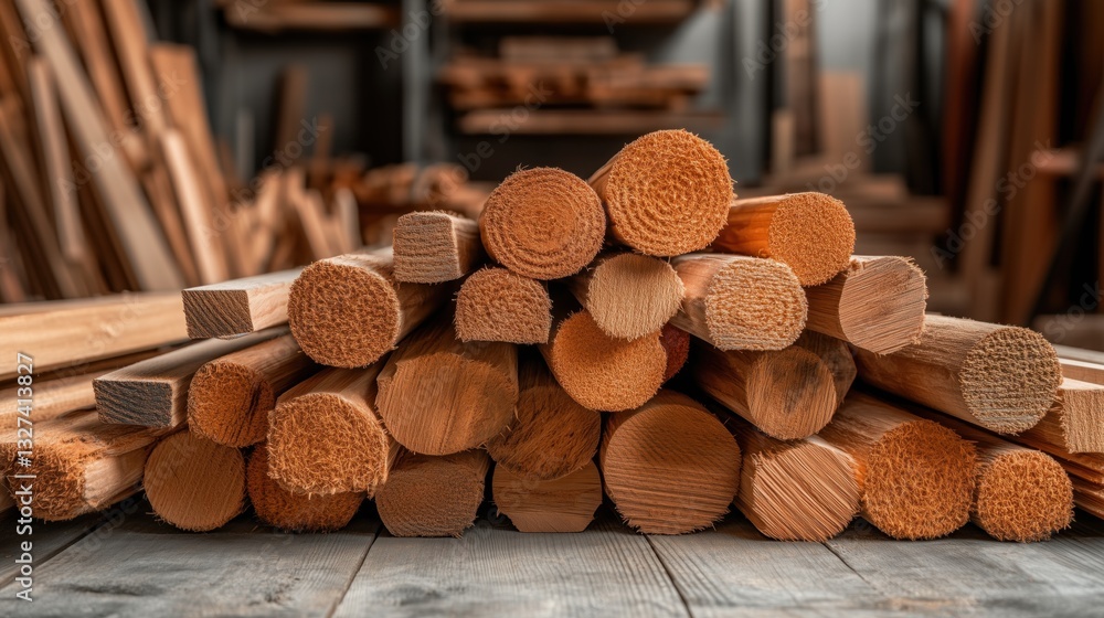 Poster collection of various wooden logs is arranged neatly in a workshop. logs vary in size and shape, dis