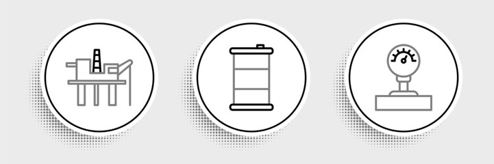 Set line Gauge scale, Oil platform in the sea and Barrel oil icon. Vector