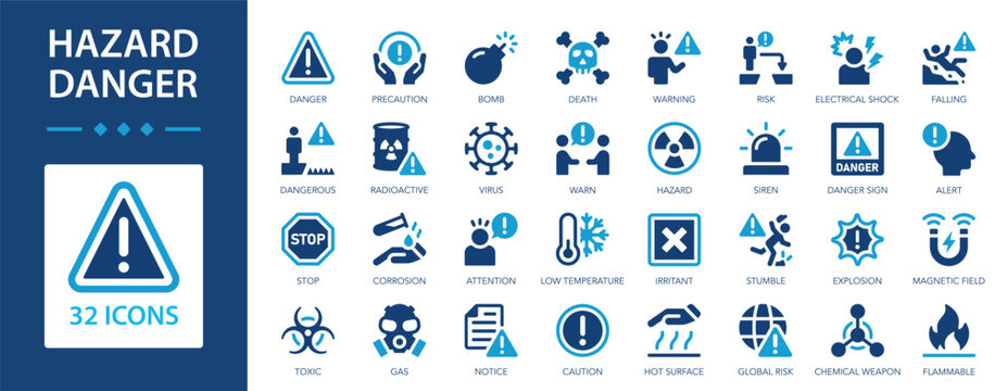 Hazard danger flat icons collection. Danger, attention, bomb, virus, warn, death, hazard, siren, alert, global risk, radioactive, caution, toxic, corrosion, stop sign set.