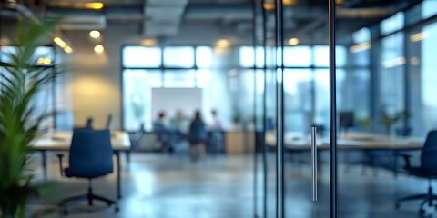 Office Meeting Scene with Glass Walls and Casual Attire