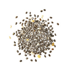 Pile of various seeds including chia, flax, and sunflower on a bright white background illustrating their nutritional value