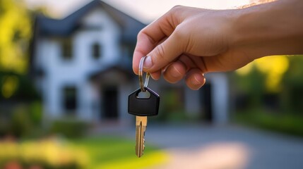 Hand holds new house key in front of blurred home exterior on bright day, symbolizing real estate purchase and homeownership