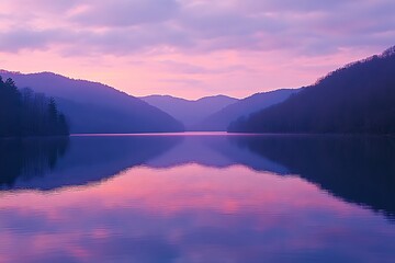 Fototapeta premium Lake landscape at sunrise with mountains reflecting
