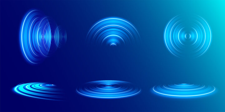 Sonar sound wave. Signal concentric circle. Round light effect set. Radio station signal. Water ripple with circle waves. A place or a painful point.