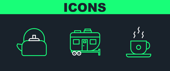 Set line Coffee cup, Kettle with handle and Rv Camping trailer icon. Vector