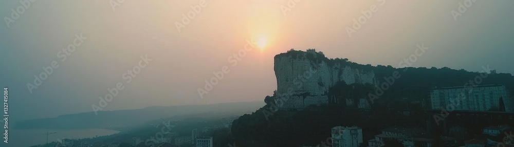 Poster a mountain with a large building in the background