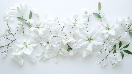 Fototapeta premium A beautiful arrangement of fresh white flowers on white background