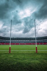 Obraz premium Vacant rugby field with goalposts, cloudy sky overhead.