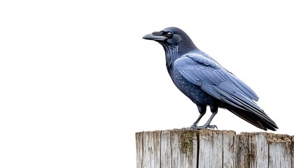 Raven perched on post with white sky background