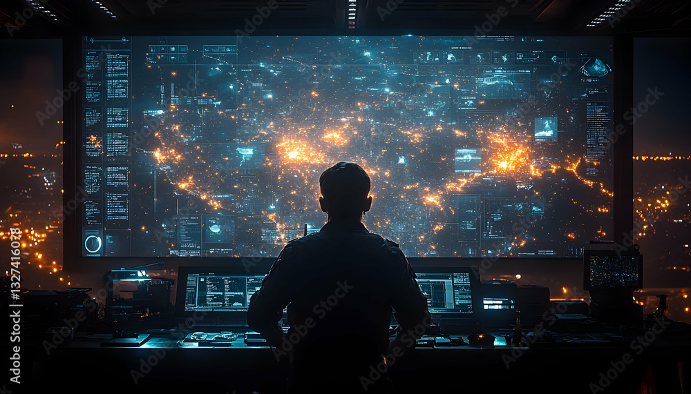 Poster a lone figure sits before a large screen displaying a complex, glowing data map of a city at night. 