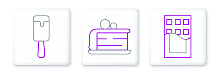Set line Chocolate bar, Ice cream and Piece of cake icon. Vector